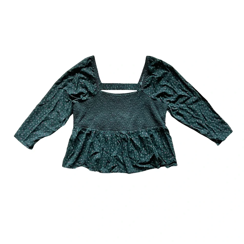 Old Navy Smocked Babydoll Top Size 3X Dark Green Floral Cottagecore Boho Peasant